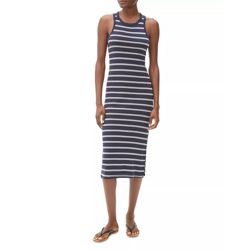 Michael Stars Striped Sleeveless Bodycon Tank Midi Dress Navy Blue Gray Medium